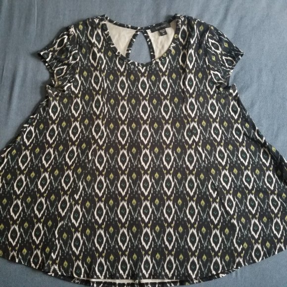 NWOT Karen Kane Ikat Print Crew-neck Cap-sleeve Hi-Lo Elliptical Top Made in USA - Picture 4 of 11